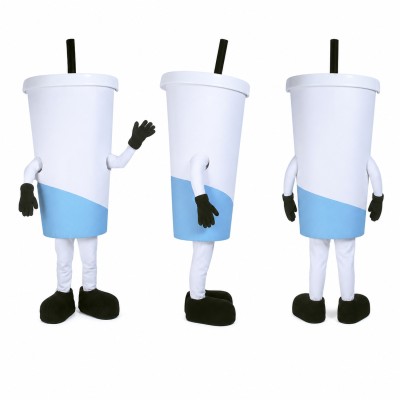 Drink Cup Mascot Costume in White with Blue Band Adult
