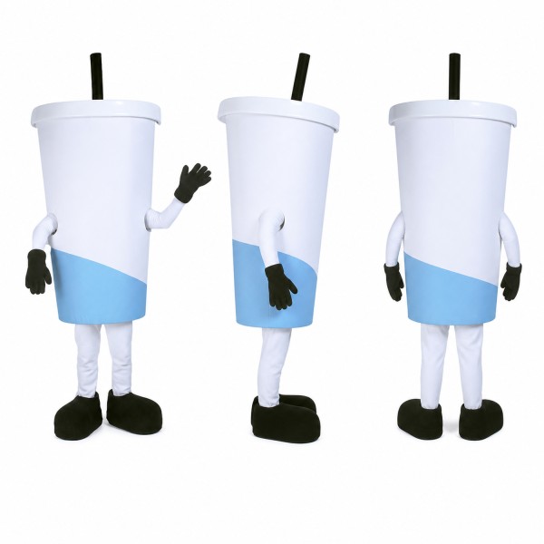 Drink Cup Mascot Costume in White with Blue Band Adult