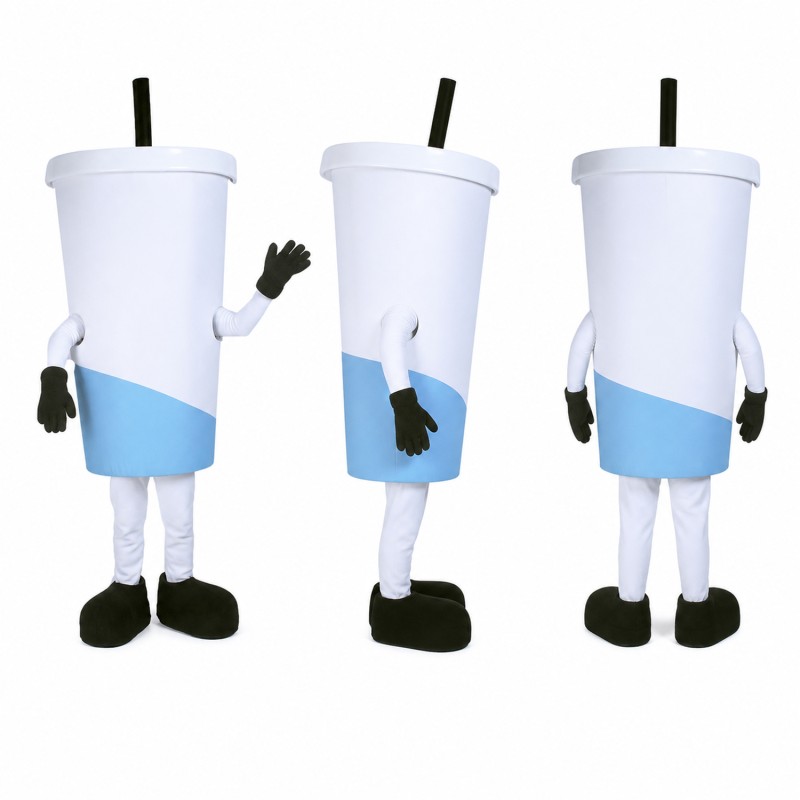 Drink Cup Mascot Costume in White with Blue Band Adult