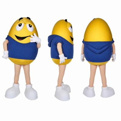 Oval Character Mascot Costume in Yellow with Blue Shirt Adult