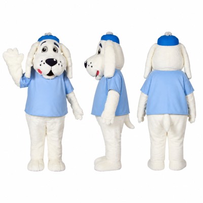 Spotted Dog Mascot Costume in White with Light Blue Shirt Adult