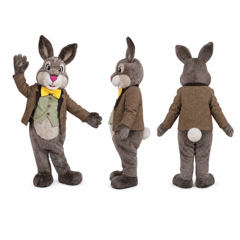 Rabbit Mascot Costume in Gray with Yellow Bow Tie Adult