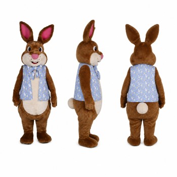 Rabbit Mascot Costume in Brown with Blue Polka Dot Scarf Adult