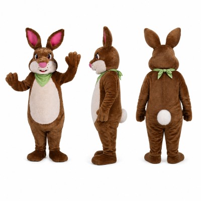 Rabbit Mascot Costume in Brown with Green Scarf Adult