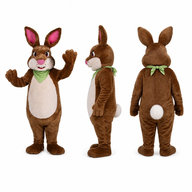 Rabbit Mascot Costume in Brown with Green Scarf Adult