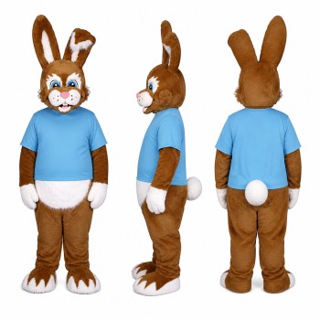 Rabbit Mascot Costume in Brown with Light Blue Shirt Adult