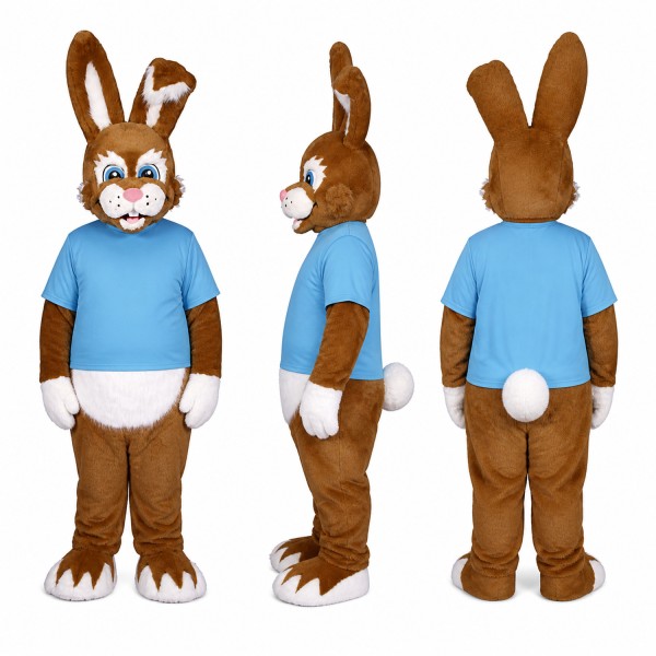 Rabbit Mascot Costume in Brown with Light Blue Shirt Adult