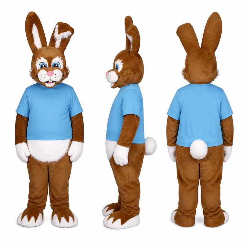 Rabbit Mascot Costume in Brown with Light Blue Shirt Adult