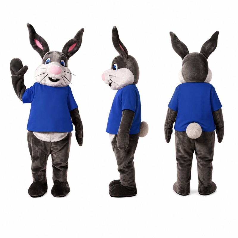 Rabbit Mascot Costume in Black with Blue Shirt Adult