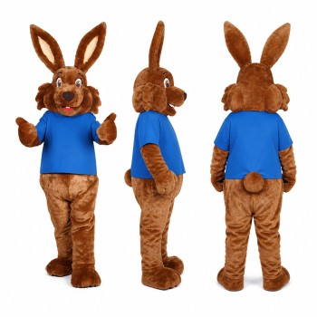 Rabbit Mascot Costume in Brown with Blue Shirt Adult