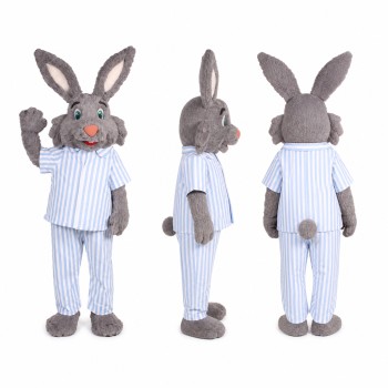 Rabbit Mascot Costume in Gray with Blue Striped Pajamas Adult