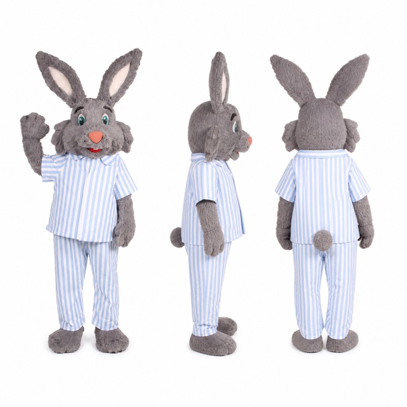Rabbit Mascot Costume in Gray with Blue Striped Pajamas Adult