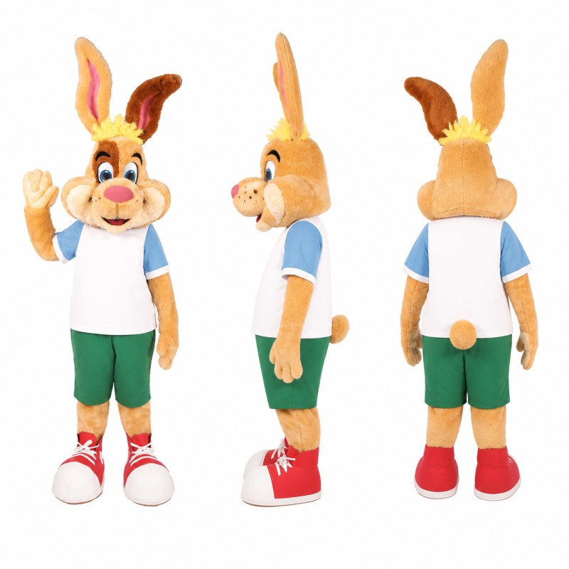 Sporty Rabbit Mascot Costume in Tan with Green Shorts Adult