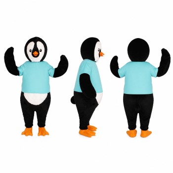 Penguin Mascot Costume in Black and White with Turquoise Shirt Adult