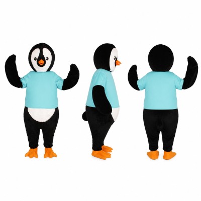 Penguin Mascot Costume in Black and White with Turquoise Shirt Adult