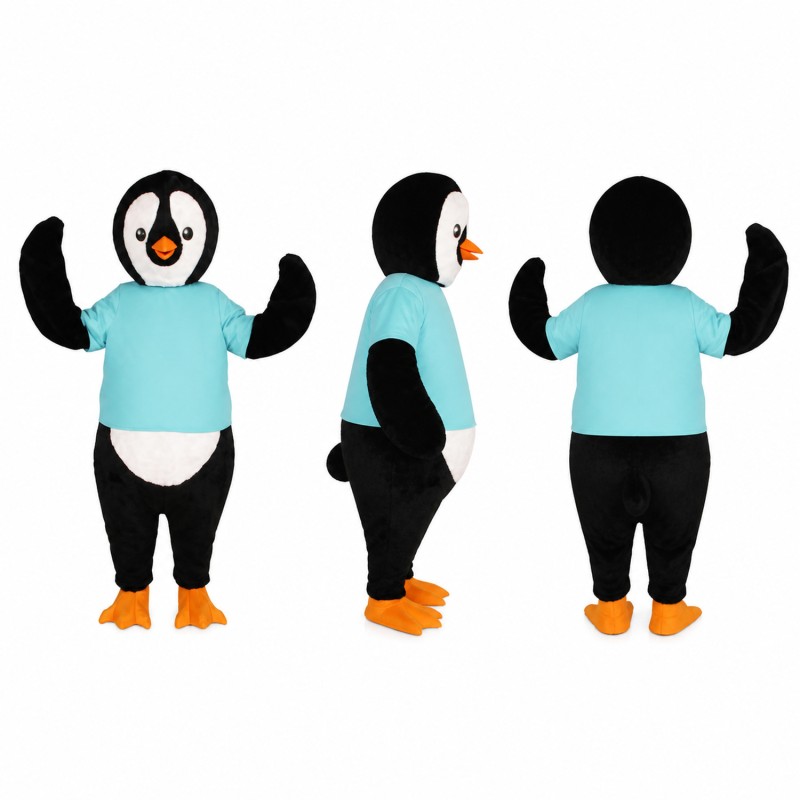 Penguin Mascot Costume in Black and White with Turquoise Shirt Adult