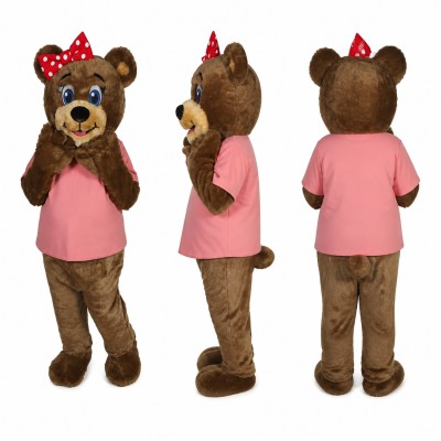 Female Bear Mascot Costume in Brown with Pink Shirt Adult