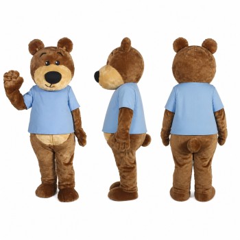 Bear Mascot Costume in Brown with Light Blue Shirt Adult