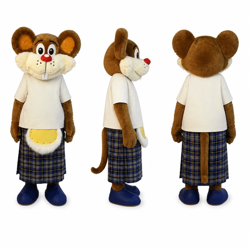 Mouse Mascot Costume in Brown with White Shirt and Plaid Shorts Adult