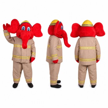Elephant Firefighter Mascot Costume in Red and Tan Adult