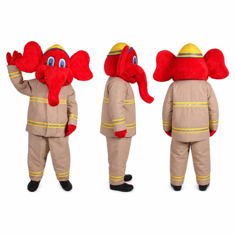 Elephant Firefighter Mascot Costume in Red and Tan Adult