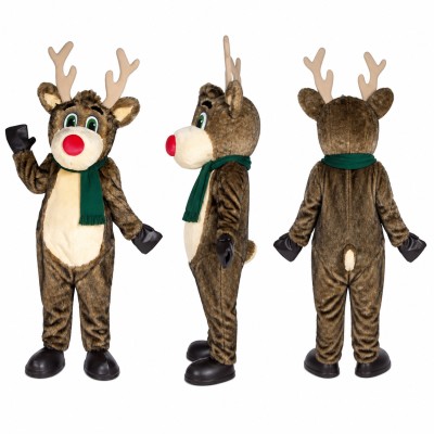 Reindeer Mascot Costume in Brown with Green Scarf Adult