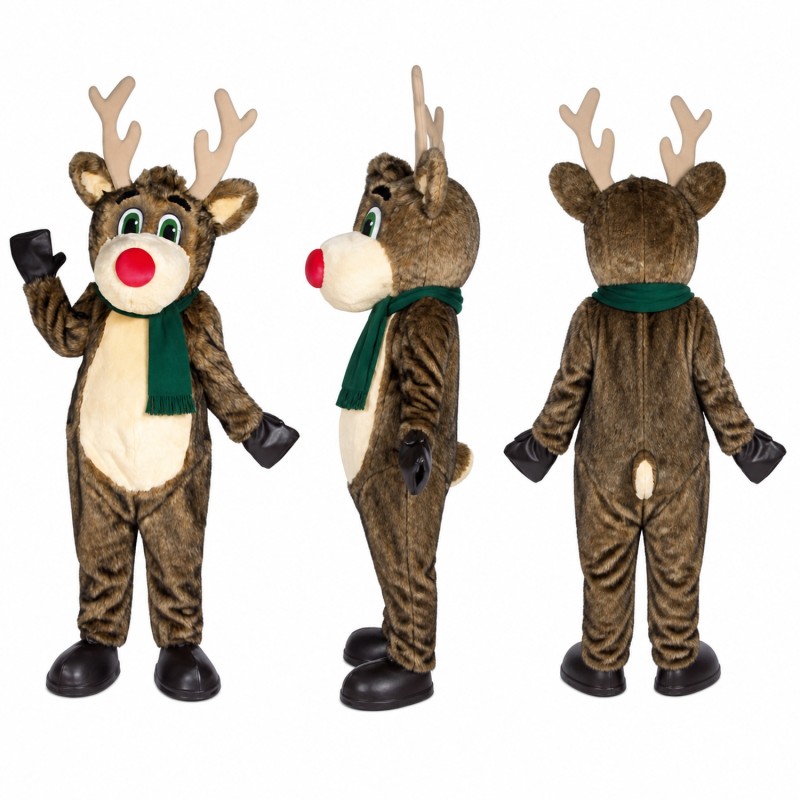 Reindeer Mascot Costume in Brown with Green Scarf Adult