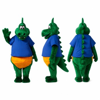 Green Monster Mascot Costume with Blue Shirt and Orange Shorts Adult