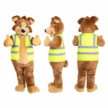 Dog Mascot Costume in Brown with Neon Safety Vest Adult