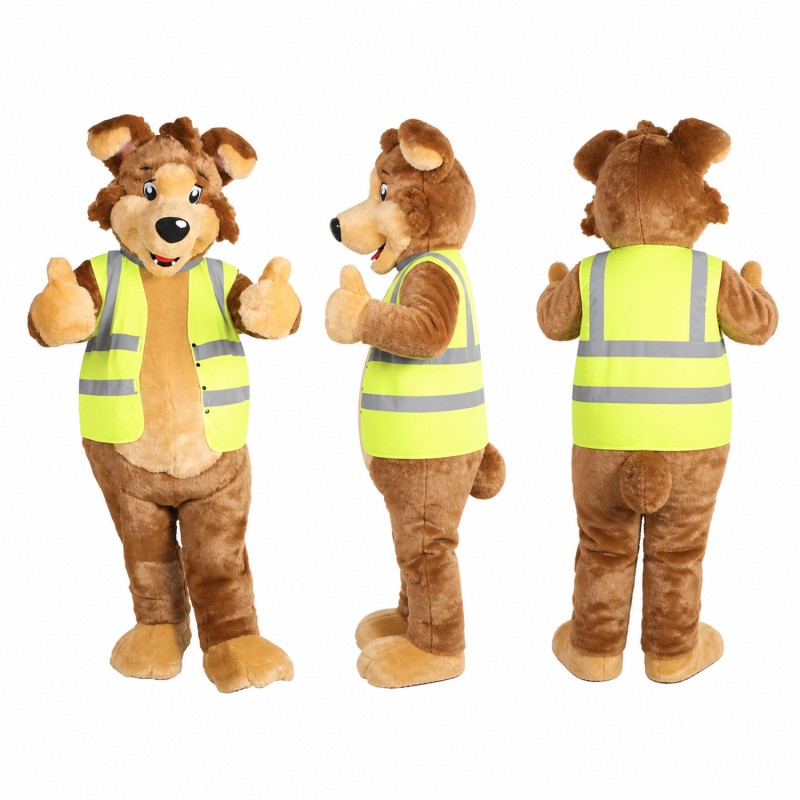 Dog Mascot Costume in Brown with Neon Safety Vest Adult