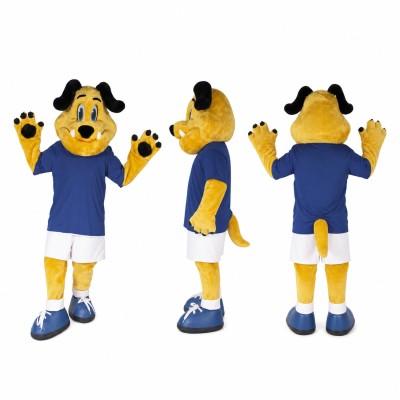 Dog Athlete Mascot Costume in Yellow with Navy Uniform Adult