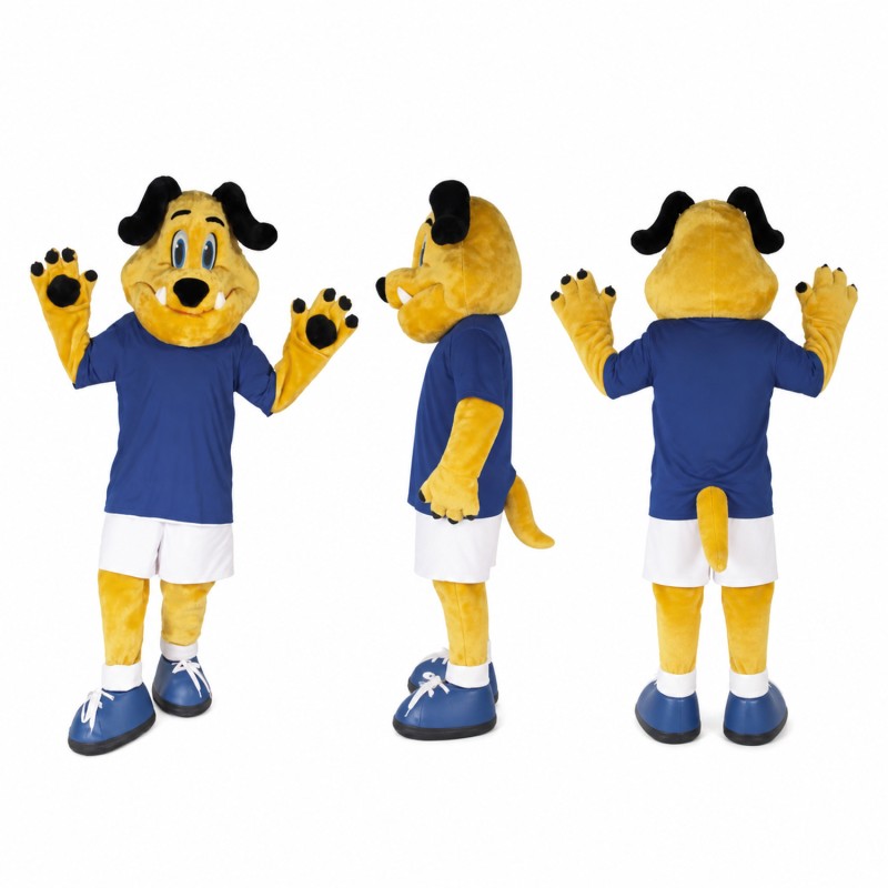 Dog Athlete Mascot Costume in Yellow with Navy Uniform Adult