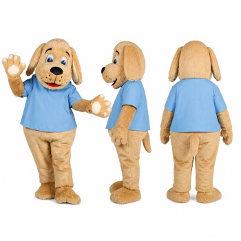 Dog Mascot Costume in Tan with Blue Shirt Adult