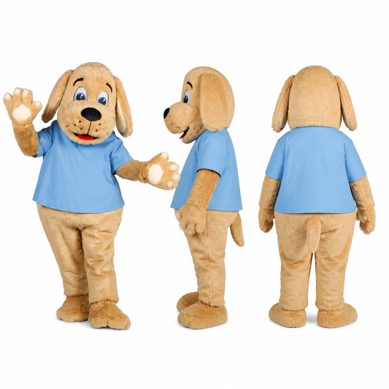 Dog Mascot Costume in Tan with Blue Shirt Adult