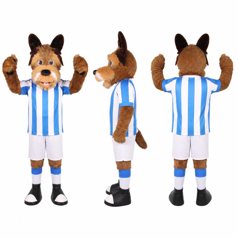 Dog Soccer Player Mascot Costume in Brown with Blue Stripes Adult