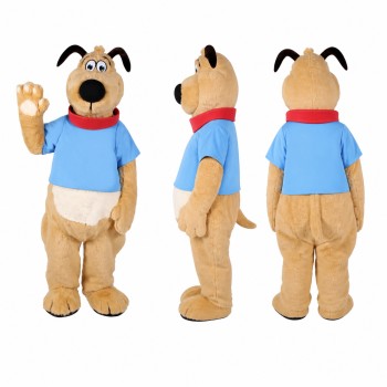 Dog Mascot Costume in Tan with Blue Shirt Adult
