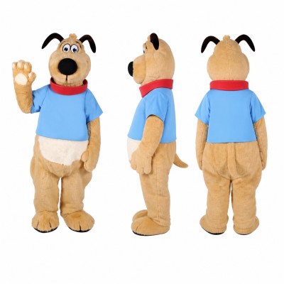 Dog Mascot Costume in Tan with Blue Shirt Adult