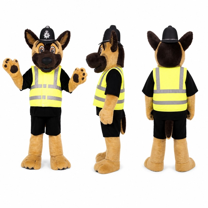 Police Dog Mascot Costume in Brown with Neon Safety Vest Adult