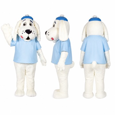 Spotted Dog Mascot Costume in White with Blue Shirt Adult