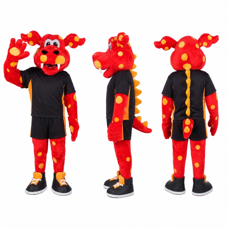 Dragon Athlete Mascot Costume in Red with Black Uniform Adult