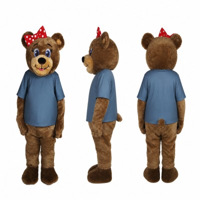 Female Bear Mascot Costume in Brown with Blue Shirt Adult