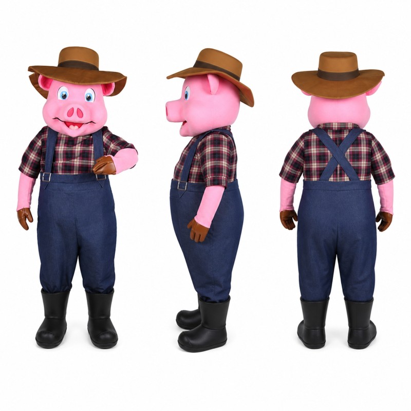 Pig Farmer Mascot Costume in Pink with Navy Overalls Adult