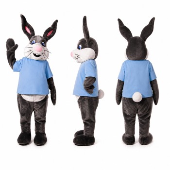 Rabbit Mascot Costume in Black with Light Blue Shirt Adult
