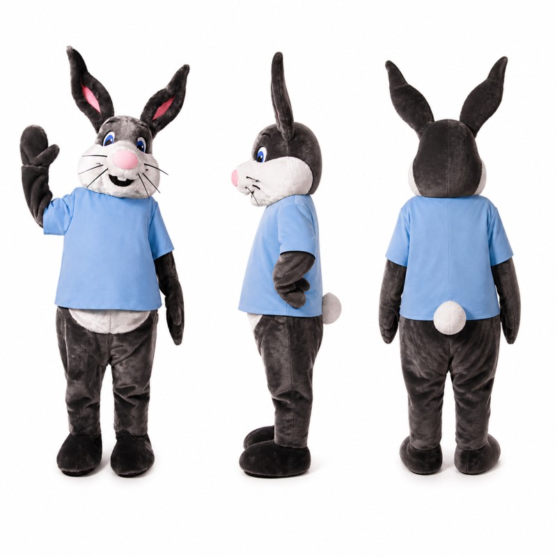 Rabbit Mascot Costume in Black with Light Blue Shirt Adult