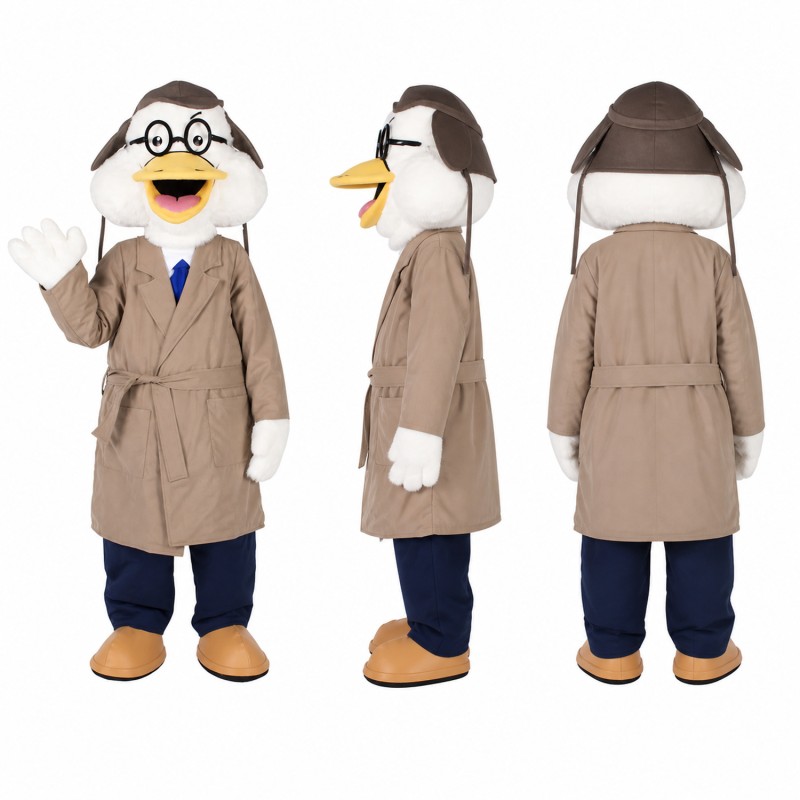 Duck Detective Mascot Costume with Beige Trench Coat Adult