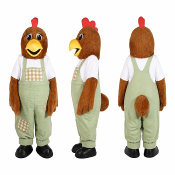 Rooster Farmer Mascot Costume in Brown with Green Overalls Adult