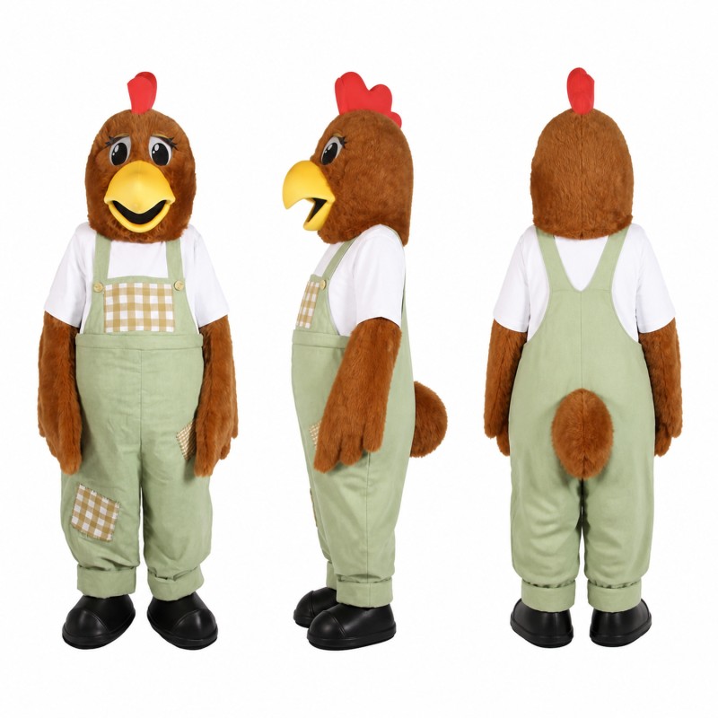 Rooster Farmer Mascot Costume in Brown with Green Overalls Adult