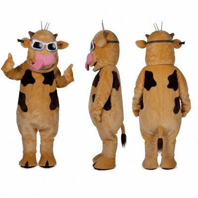 Cow Mascot Costume in Brown and Cream with Sunglasses Adult