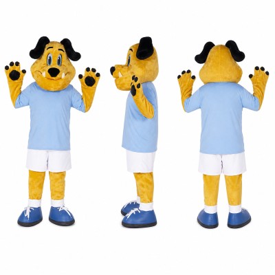 Dog Soccer Player Mascot Costume in Yellow and Blue Adult