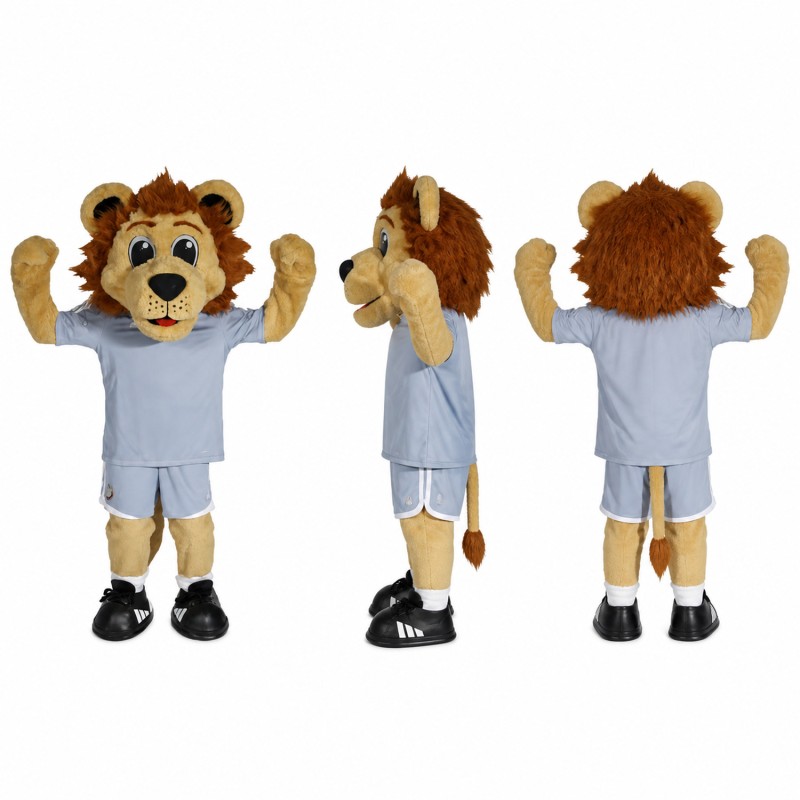 Lion Athlete Mascot Costume in Brown with Light Blue Uniform Adult